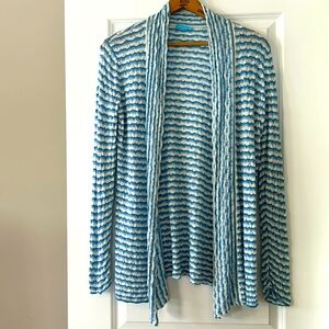 J McLaughlin Chevron Stripe Loose Weave Open-Front Cardigan Sweater Blue & White